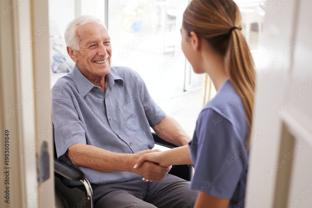 Fototapeta premium Senior Man in Wheelchair Shaking Hands with His Female Caregiver