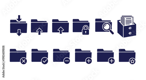 Comprehensive collection of folder management icons for digital file organization, storage, and various data operations including download, upload, security, and archiving