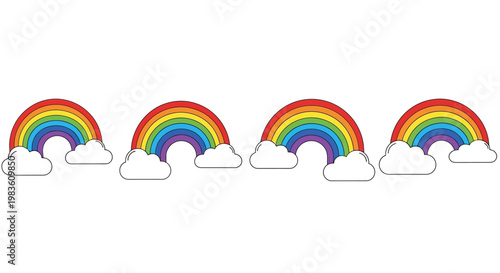 Sequential Display of Four Vivid Rainbow Arches Connected to Gentle Clouds, Evoking Happiness and Natural Beauty in a Playful Design