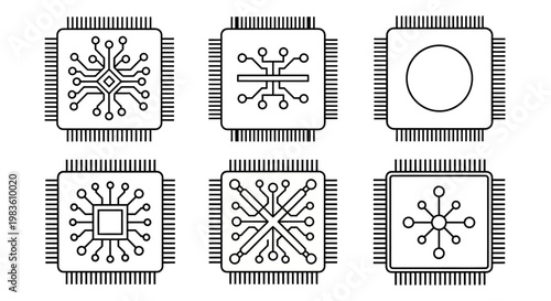 Set of six digital integrated circuit chips, schematic representations, outline style
