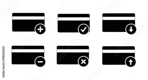 Set of six icons depicting credit cards with various symbols indicating transactions and financial actions