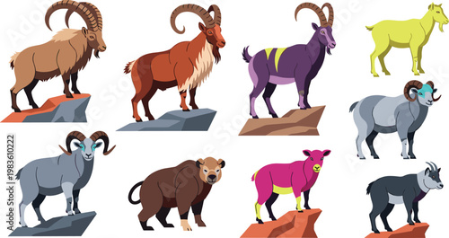Mountain goats and wild ibex species wildlife flat icon set