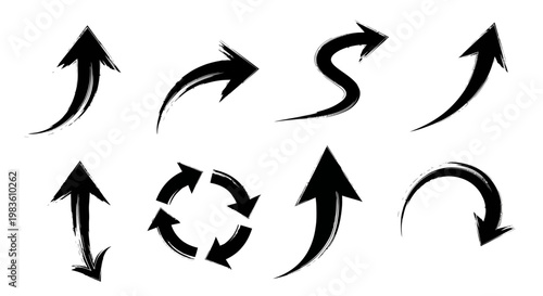 Dynamic set of grunge-style black arrow symbols, perfect for web design, user interface navigation, and contemporary directional indicators, featuring a variety of rough brush stroke vectors