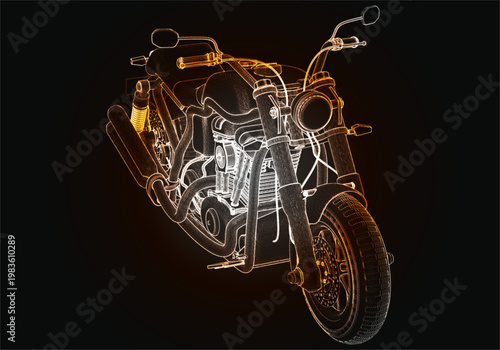 High detailed outline of a motorcycle showing its structure and design with bright colors on a dark background