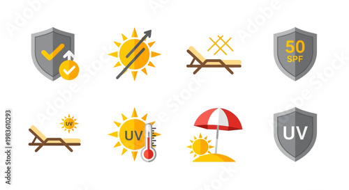 Essential sun protection concept icons, illustrating summer safety, UV awareness, and beach leisure activities with SPF recommendations for a safe vacation