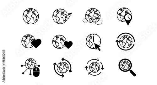Collection of icons representing global connections, travel, and digital interaction with Earth illustrations