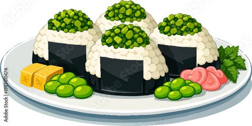 Vector illustration of Japanese onigiri rice balls topped with pickled mustard greens (takana)