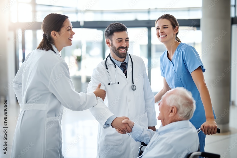 Obraz premium Medical Team Greeting a Senior Patient in a Wheelchair with Handshakes