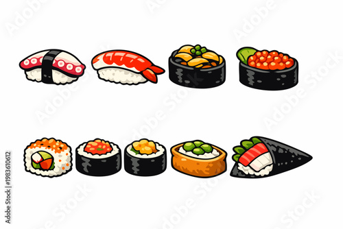 Vector illustration set of various Japanese sushi and rolls3