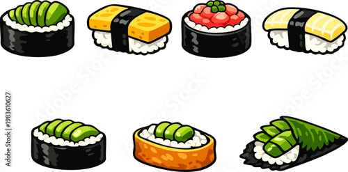 Vector illustration set of Japanese sushi including avocado maki
