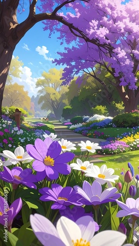 A vibrant garden scene with blooming flowers and trees