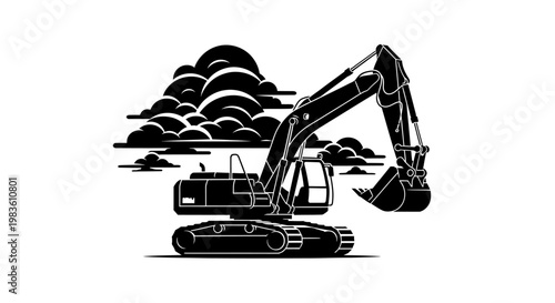 Black silhouette of an excavator machine.
