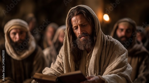 Jesus Christ reads from Isaiah in the synagogue of Nazareth, as listeners watch in awe, revealing fulfillment, authority, and the announcement of God’s grace.
