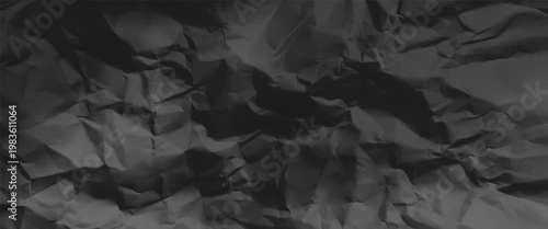Black crumpled paper texture, vector realistic craft wrinkled paper cardboard background, old rough dark sheet, page