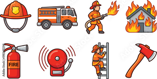 Colorful flat design vector set showcasing firefighters, emergency vehicles, and rescue tools. Ideal for safety campaigns, educational materials, and public service announcements.