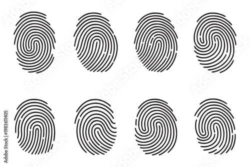 Biometric fingerprint icon set, 8 vector thumbprint symbols for security. Fingerprint icon. Simple outline style for web and app. Fingerprint identity and security symbols, scanning icon. EPS 10. 