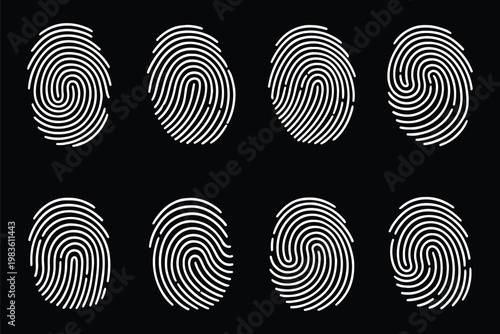 Biometric fingerprint icon set, 8 vector thumbprint symbols for security. Fingerprint icon. Simple outline style for web and app. Fingerprint identity and security symbols, scanning icon. EPS 10. 