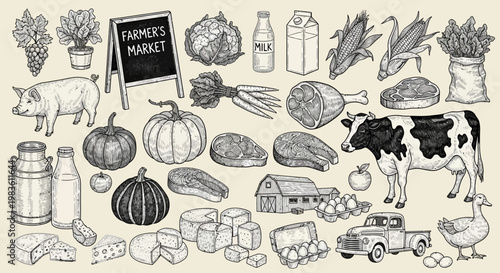 Farm Fresh Produce and Livestock Collection A Vintage Illustration of Agricultural Bounty
