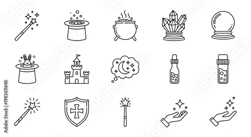 An enchanting collection of mystical outline icons featuring magic wands, spellbooks, cauldrons, and fantasy elements for creative design projects