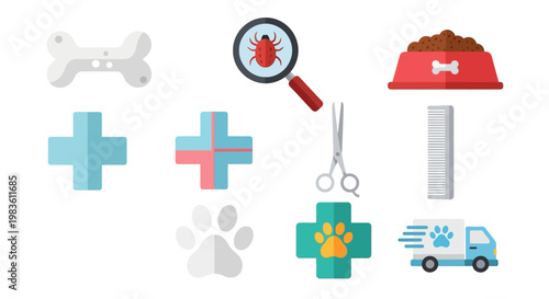 Set of flat design vector icons for comprehensive veterinary pet care, animal health, and essential services, symbolizing medical treatment, supplies, and well-being