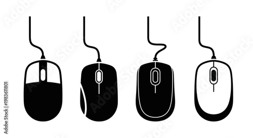 Collection of four computer mice illustrations, varying in shape and design, presented in a clean, monochromatic vector graphic style