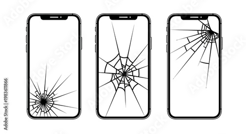Broken Smartphone Screens Graphic Illustration on White Background