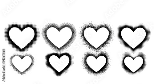 Collection of stylized heart shapes featuring a spray paint effect and grunge texture, ideal for graphic design elements and love-themed projects