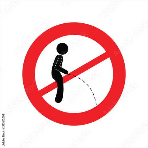 Urination prohibition sign features a stick figure icon inside a red circle to indicate restricted behavior.