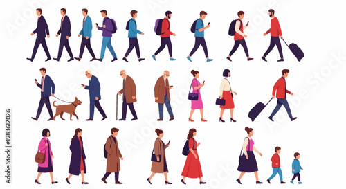 A comprehensive collection of diverse people walking and engaging in everyday activities, illustrating urban population movement and various lifestyles with individual characters