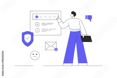Dissatisfied customer, bad feedback. Customer gives one star, bad review on the website. Flat Cartoon Vector Illustration, icon Stylish abstract design landing page web