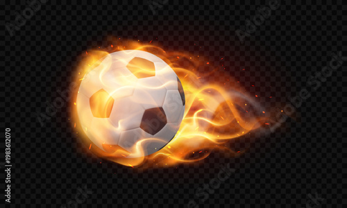 Burning soccer ball flight realistic 3D vector illustration, football sport game equipment for team game in fire flame