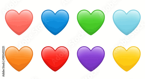 A vibrant collection of eight glossy heart emojis in various colors, symbolizing love, passion, and diverse positive emotions for digital expression