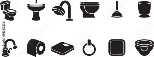 Bathroom icon set featuring toilet, sink, shower, faucet, plunger, weighing scale, and paper