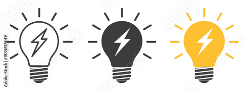 Electric light bulb icon set with lightning bolt, outline solid and yellow flat style symbols for energy power electricity innovation ideas and smart technology concepts