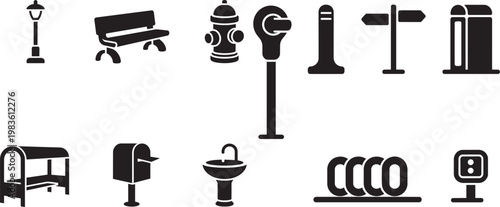 Collection of 10 urban street furniture, public amenities, city infrastructure solid vector