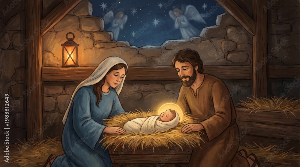 Obraz premium Woman and man kneeling by baby Jesus in manger. Catholic nativity scene in stable with stars and angels. Christmas holiday religious illustration of holy family birth of child savior.