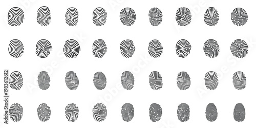 Minimal Fingerprint Line Icons Set – Biometric Identity, Security Scan, Thumbprint Patterns in Black and White Vector. Biometric Fingerprint Identification Scan Icon Set. Fingerprint icon silhouette. 