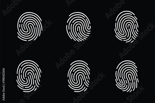 Set of unique fingerprint icons with detailed ridge patterns isolated on white background, concept for biometric security, digital identity verification and forensic investigation. 
