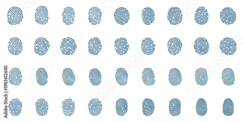 Minimal Fingerprint Line Icons Set – Biometric Identity, Security Scan, Thumbprint Patterns in Black and White Vector. Biometric Fingerprint Identification Scan Icon Set. Fingerprint icon silhouette. 