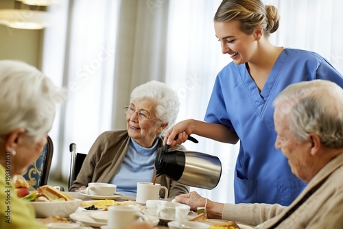 Nurse Pouring Coffee for Seniors During Breakfast at a Care Facility