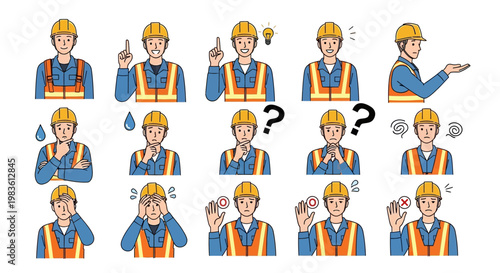 Set of illustrations of a male construction worker expressing various emotions and gestures, including thinking, confusion, and warning