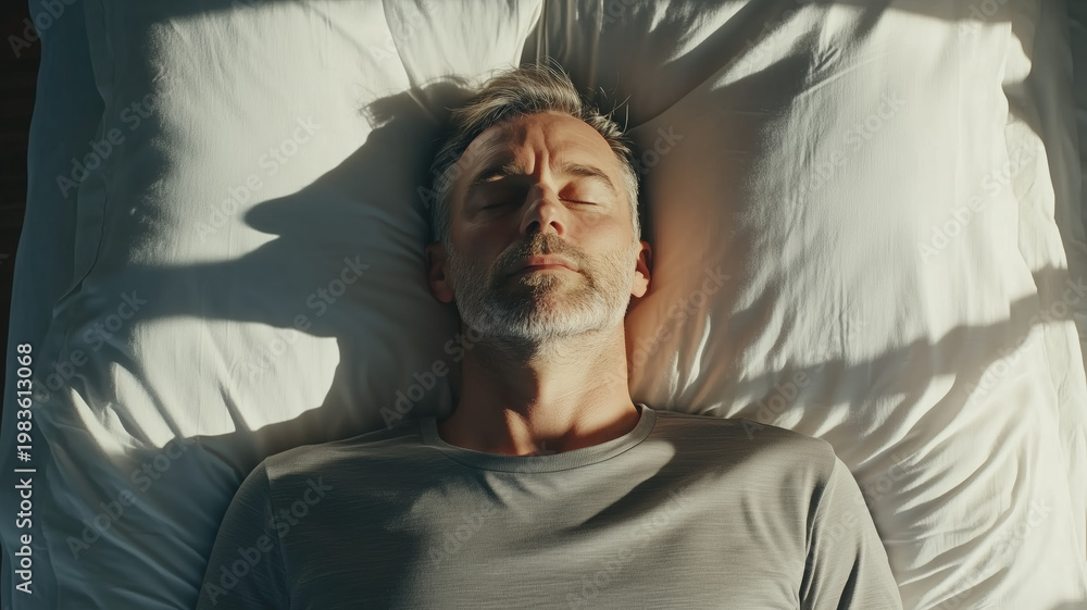 Fototapeta premium Middle-Aged Man Sleeping Peacefully in Soft Light - Relaxation AI Digital Illustration