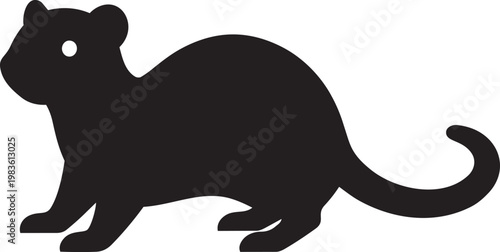 A black silhouette of a small rodent standing on four legs with a curled tail.