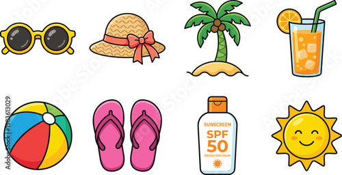 Colorful flat design vector set featuring beach and holiday items like sunglasses, hat, flip-flops, sunscreen, and tropical drinks. Ideal for travel ads, lifestyle blogs, and seasonal marketing.