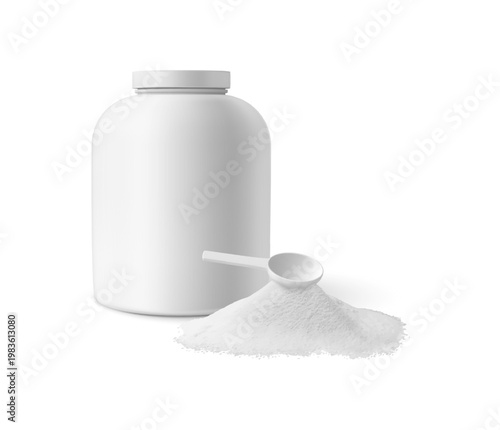 A realistic mockup of a white sports nutrition jar with a scoop of powder and a measuring spoon.