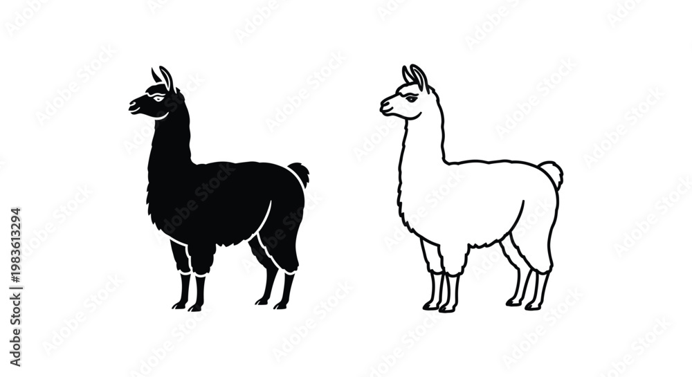 Fototapeta premium Adorable Black and White Llama Silhouettes Design Vector