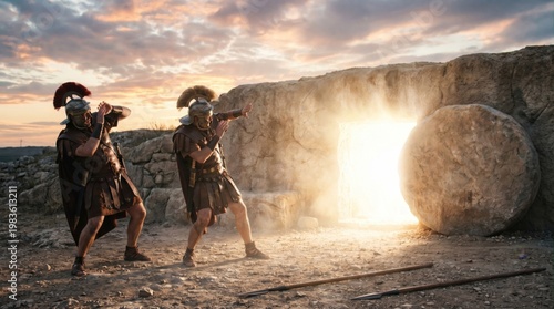 Roman soldiers shielding eyes from blinding light outside open tomb. Biblical scene recreating resurrection of Jesus Christ. Concept of miracle, faith and divine revelation for Easter holiday.
