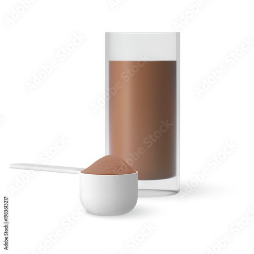 Protein shake with chocolate flavor, drink in glass and powder in measuring spoon, vector 3D realistic sport nutrition