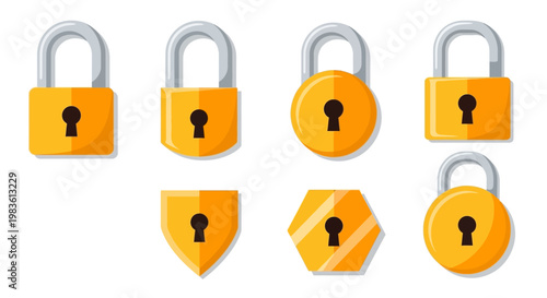 Collection of different padlocks and security symbols in a flat design illustration