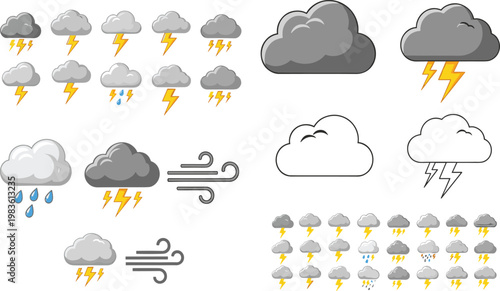 Storm and thunder weather icons collection with clouds, lightning, rain and wind symbols isolated vector illustration set